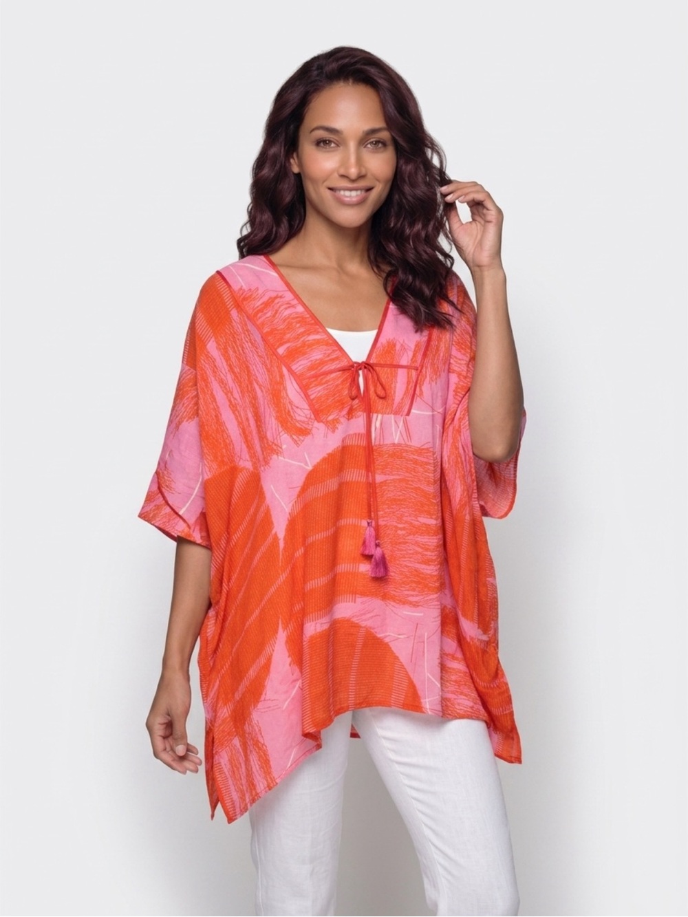 Josie Natori 100% Silk Poncho Kaftan Top Pink Orange Abstract Print Sz XS Luxury